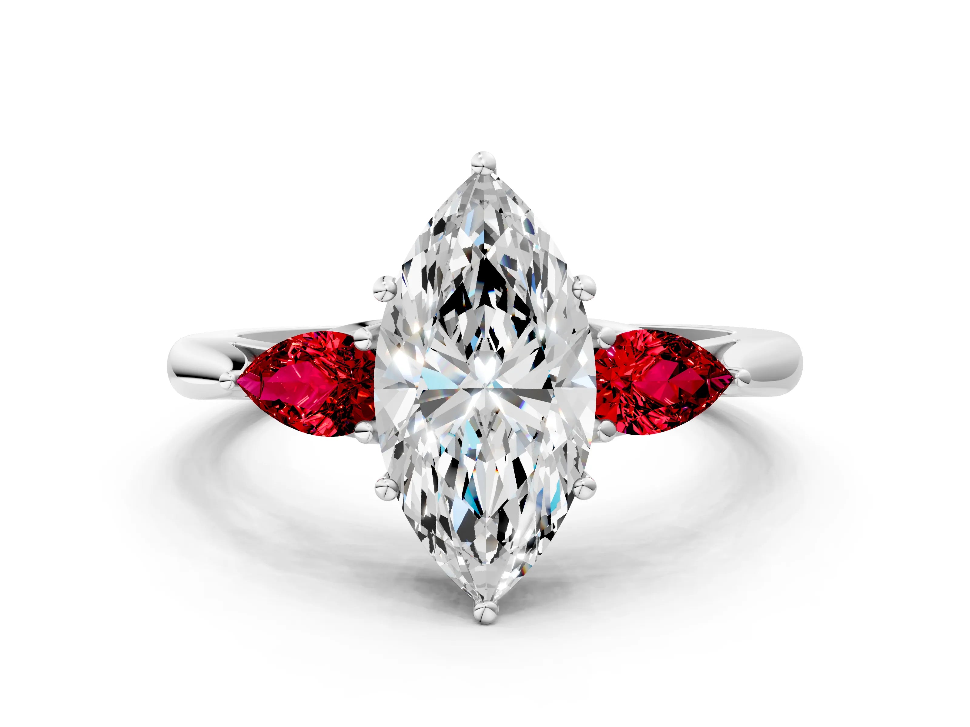 White gold Marquise Cut Diamond Three-Stone Ring with Pear with Ruby side stone Side Stones and Prong Setting_24