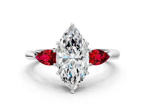 White gold Marquise Cut Diamond Three-Stone Ring with Pear with Ruby side stone Side Stones and Prong Setting_24