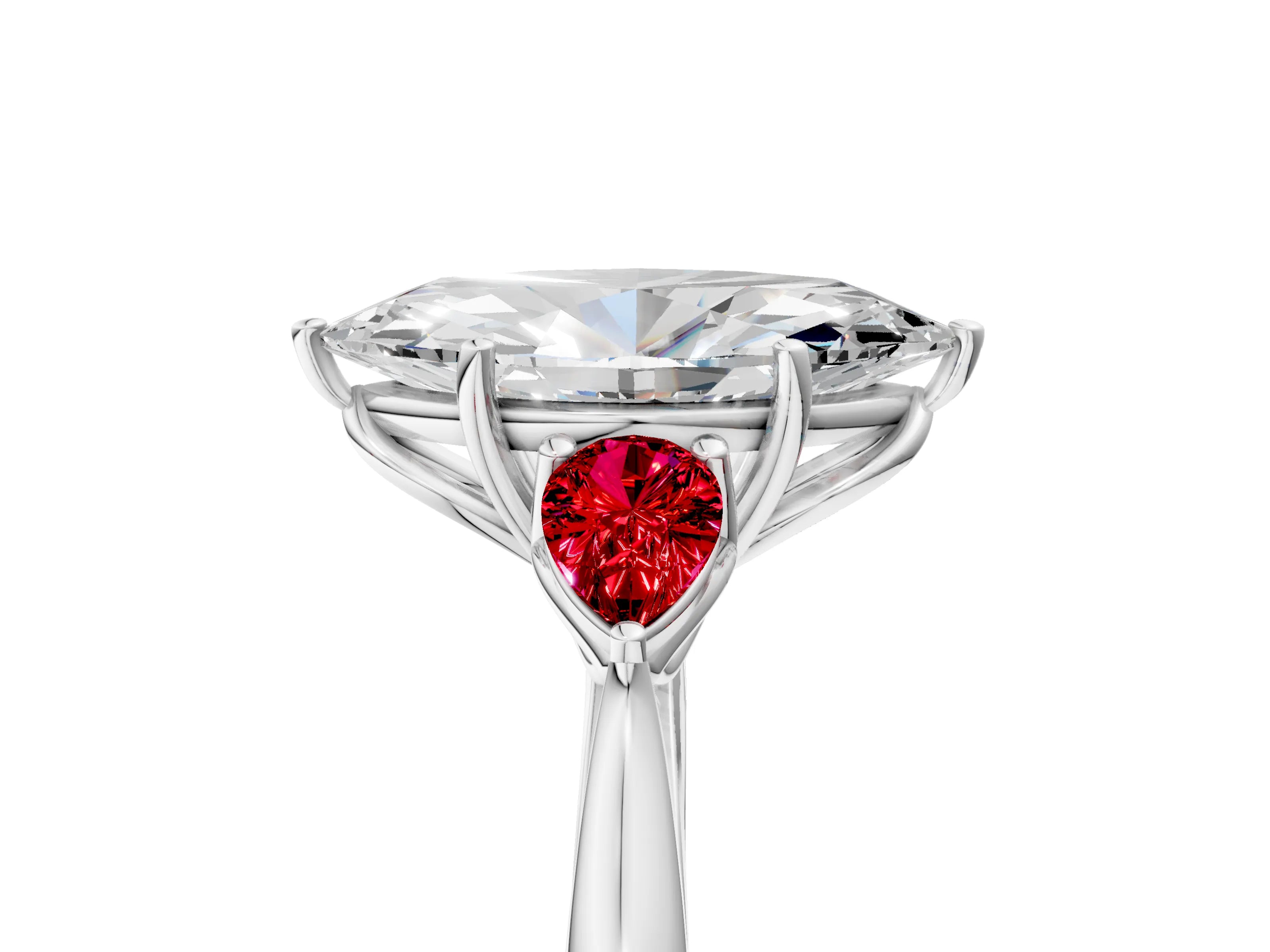 White gold Marquise Cut Diamond Three-Stone Ring with Pear with Ruby side stone Side Stones and Prong Setting_29