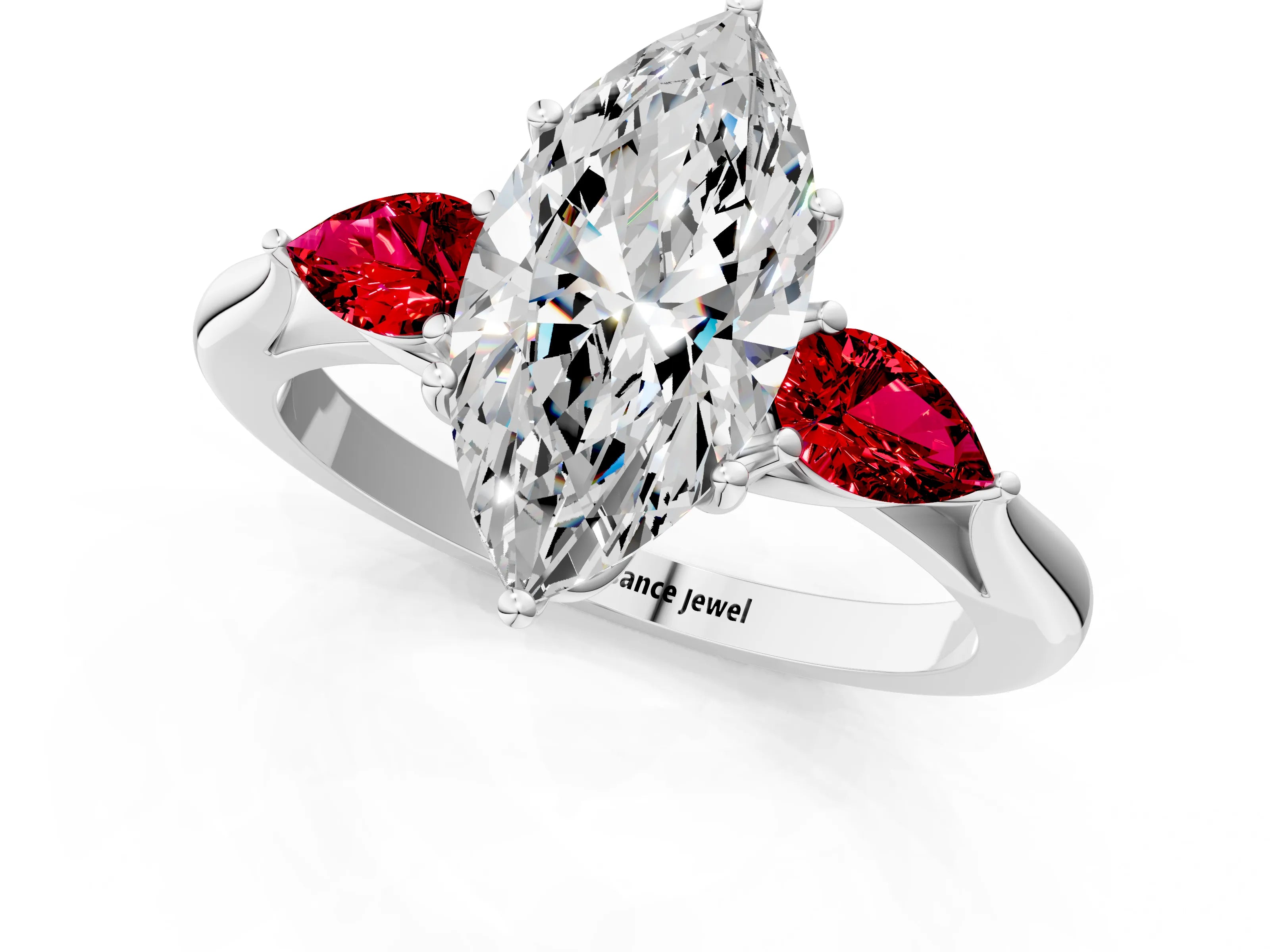 White gold Marquise Cut Diamond Three-Stone Ring with Pear with Ruby side stone Side Stones and Prong Setting_49