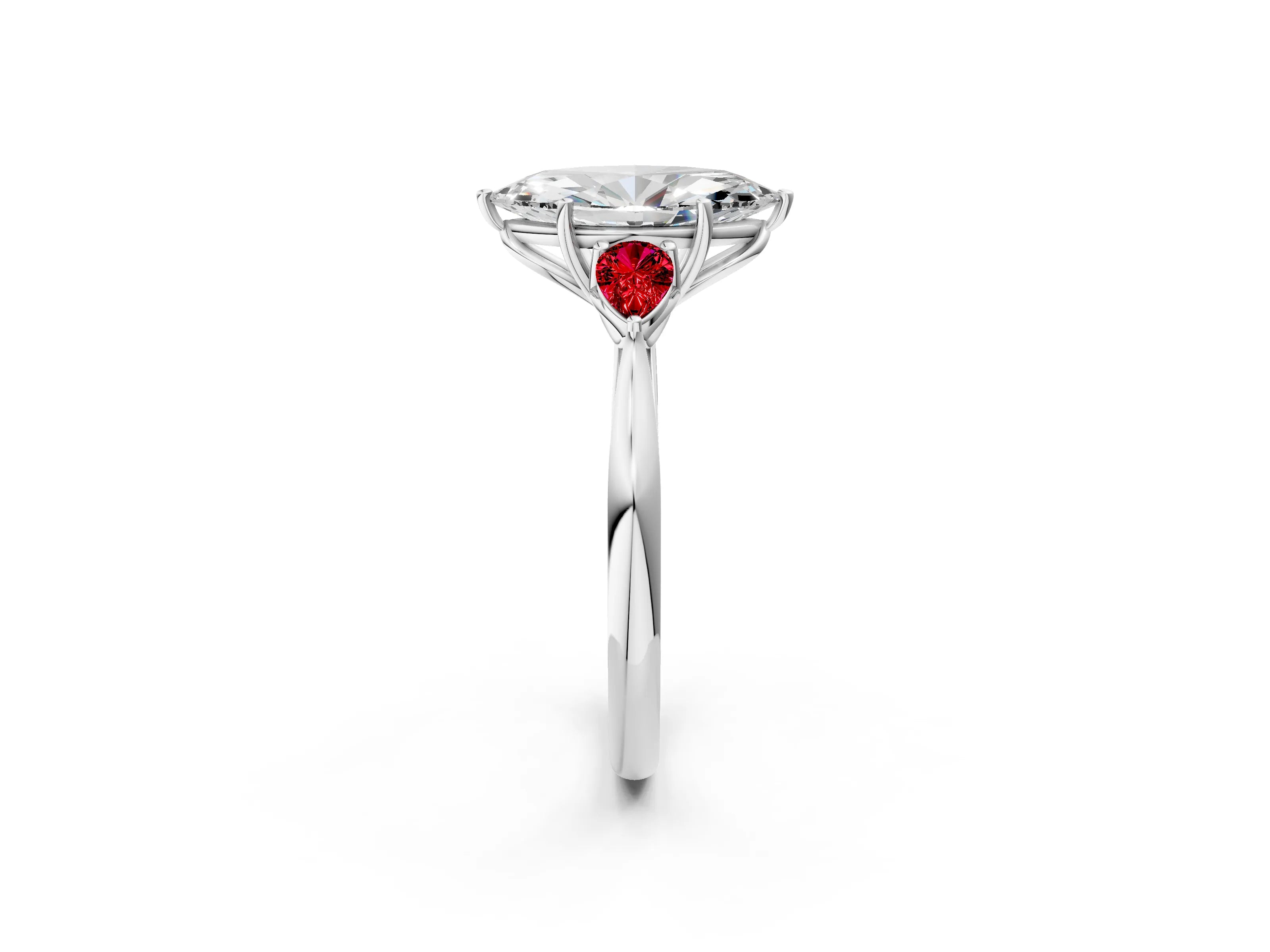 White gold Marquise Cut Diamond Three-Stone Ring with Pear with Ruby side stone Side Stones and Prong Setting_50