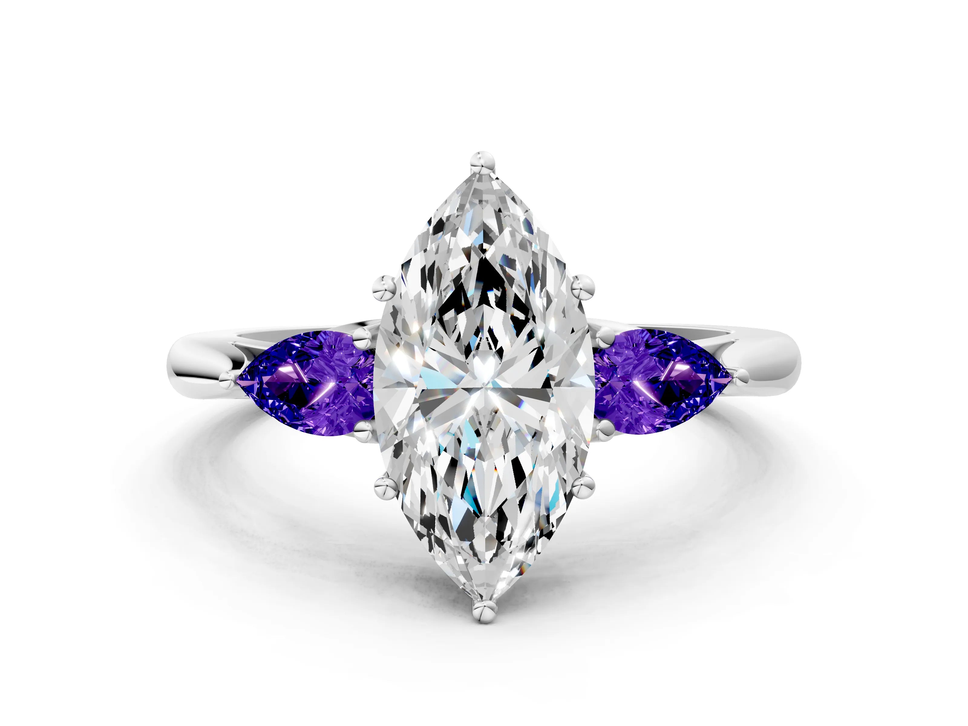 White gold Marquise Cut Diamond Three-Stone Ring with Pear with Tanzanite side stone Side Stones and Prong Setting_12