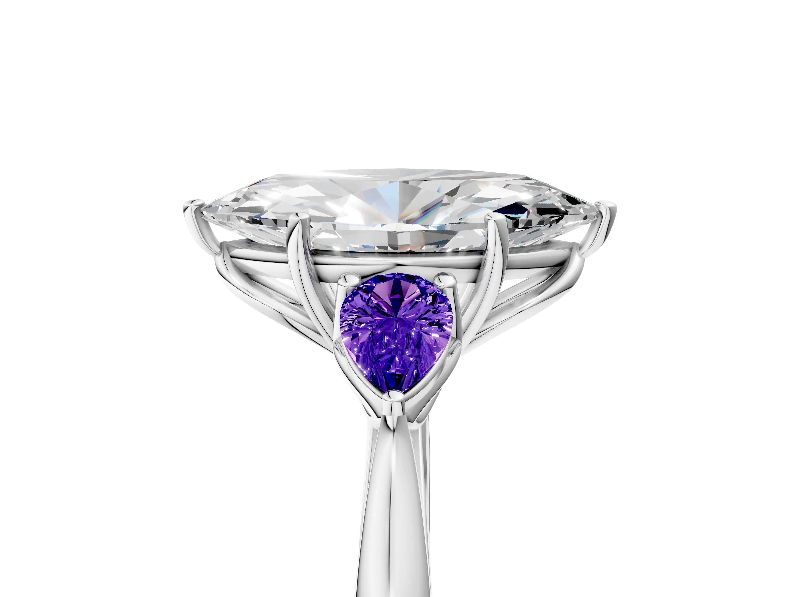 White gold Marquise Cut Diamond Three-Stone Ring with Pear with Tanzanite side stone Side Stones and Prong Setting_17