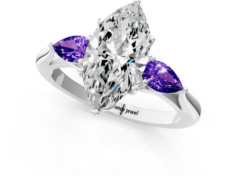 White gold Marquise Cut Diamond Three-Stone Ring with Pear with Tanzanite side stone Side Stones and Prong Setting_1