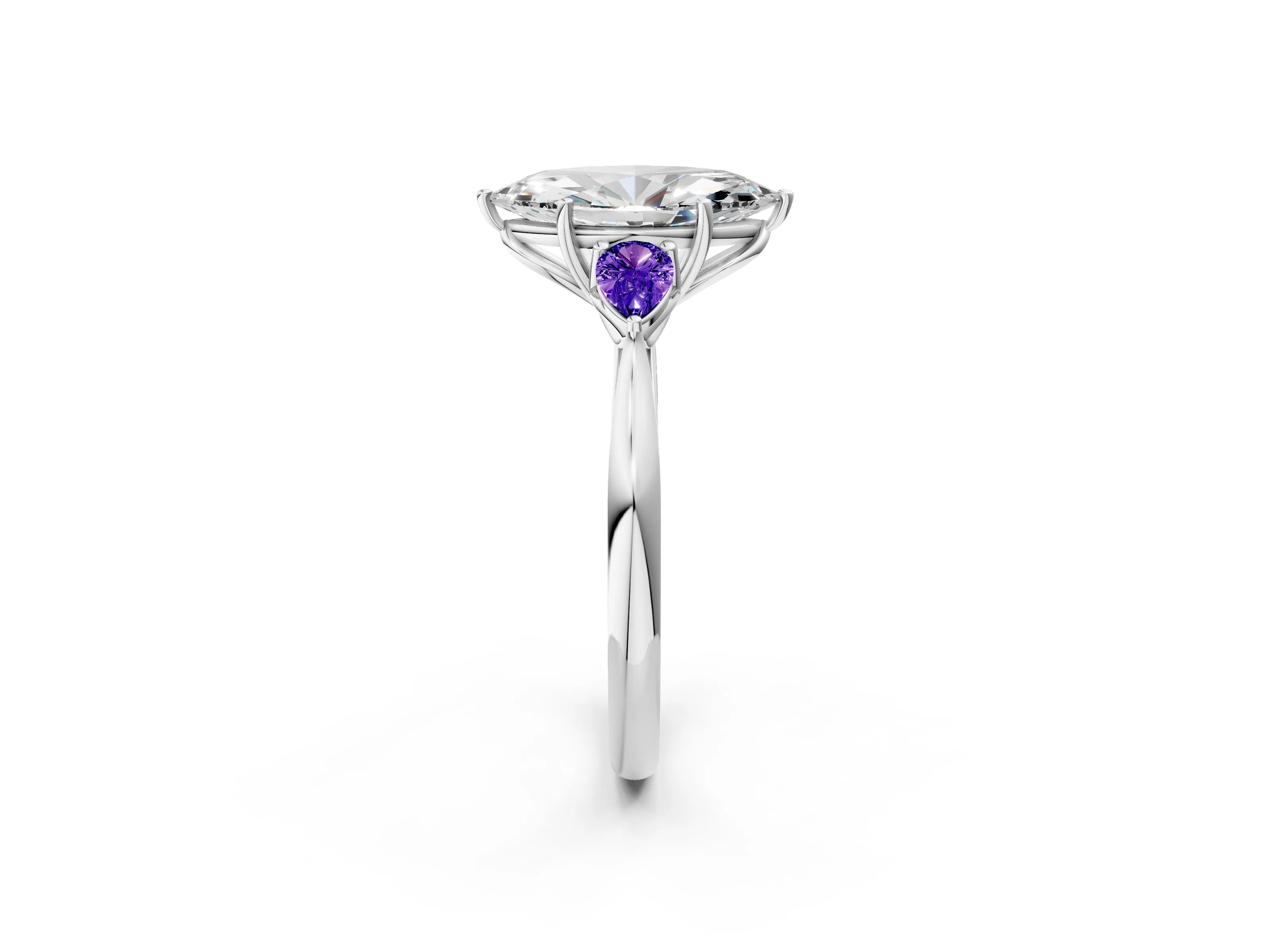 White gold Marquise Cut Diamond Three-Stone Ring with Pear with Tanzanite side stone Side Stones and Prong Setting_2