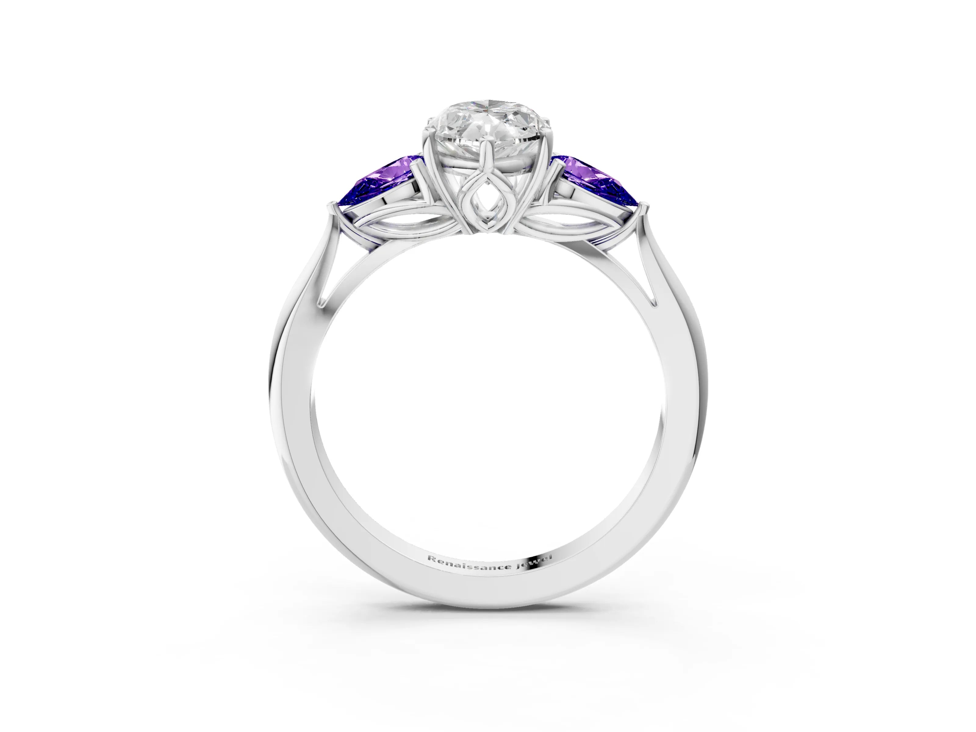 White gold Marquise Cut Diamond Three-Stone Ring with Pear with Tanzanite side stone Side Stones and Prong Setting_3