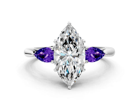 White gold Marquise Cut Diamond Three-Stone Ring with Pear with Tanzanite side stone Side Stones and Prong Setting