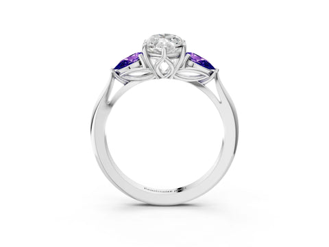 White gold Marquise Cut Diamond Three-Stone Ring with Pear with Tanzanite side stone Side Stones and Prong Setting_3