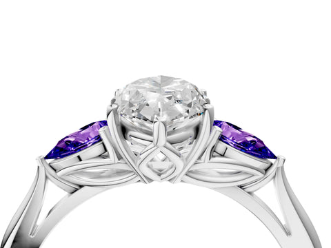 White gold Marquise Cut Diamond Three-Stone Ring with Pear with Tanzanite side stone Side Stones and Prong Setting_4