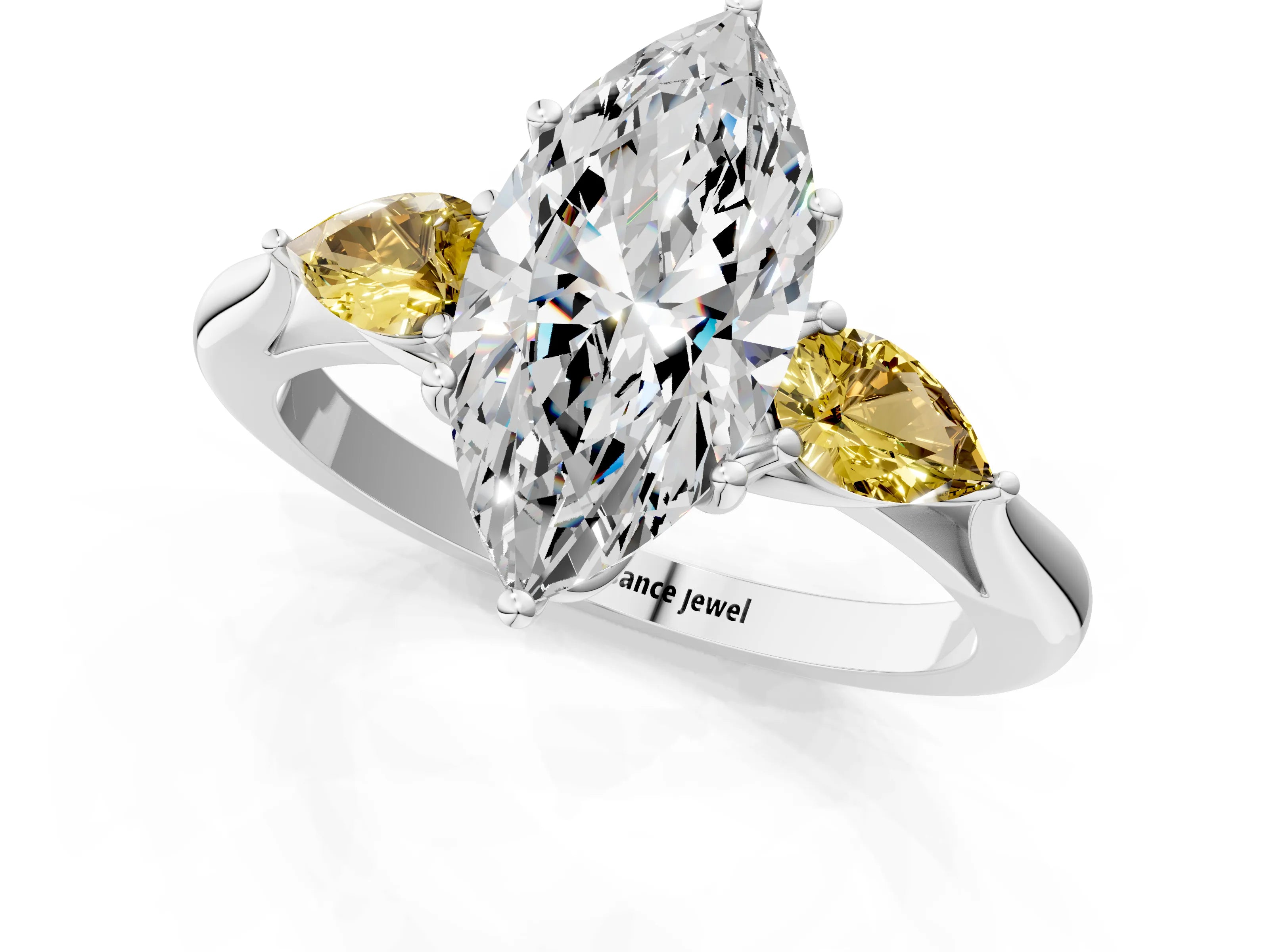 White gold Marquise Cut Diamond Three-Stone Ring with Pear with Yellow Sapphire side stone Side Stones and Prong Setting_25