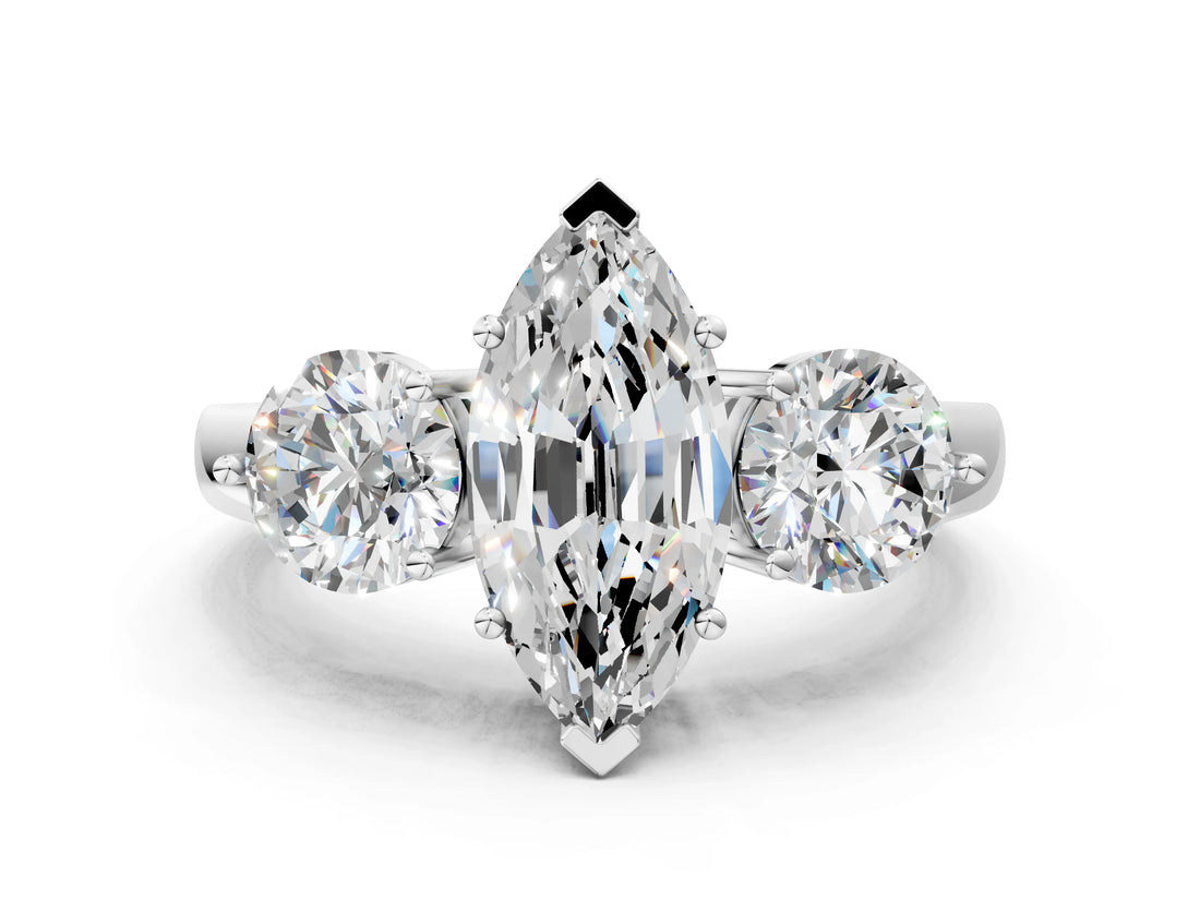 White gold Marquise Cut Diamond Three-Stone Ring with Prong Setting and Classic Band_147