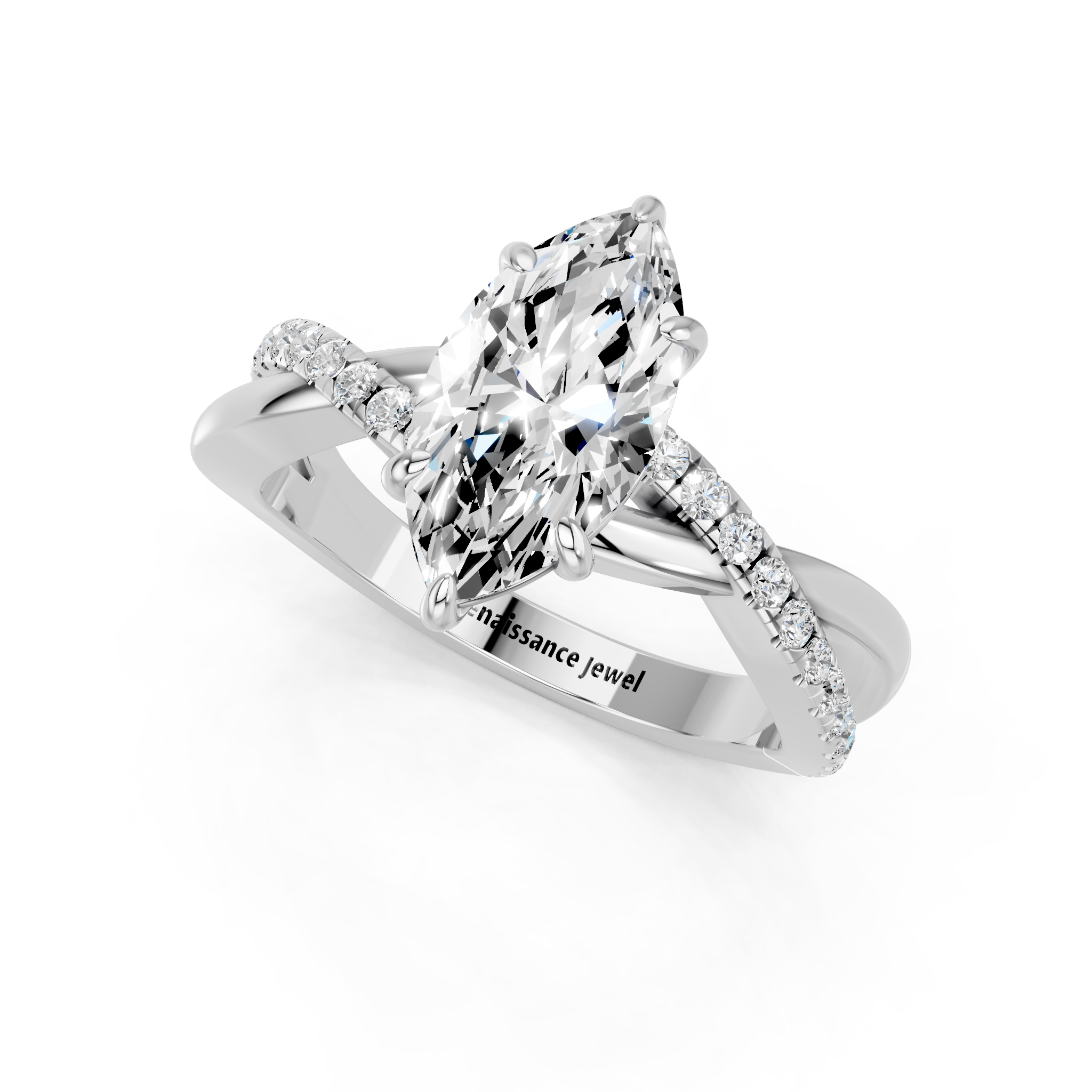 White gold Marquise Cut Diamond Twist Band Solitaire with Prong Setting_27