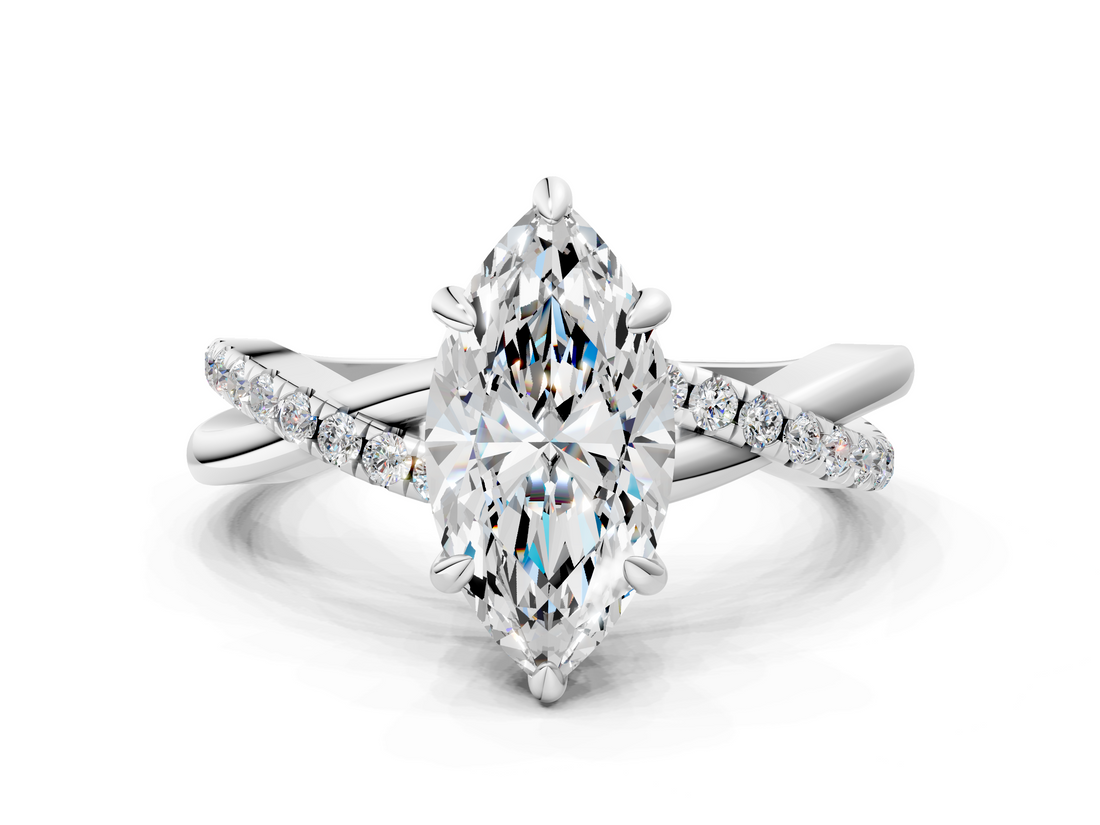 White gold Marquise Cut Diamond Twist Band Solitaire with Prong Setting_83
