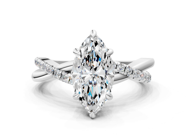 White gold Marquise Cut Diamond Twist Band Solitaire with Prong Setting