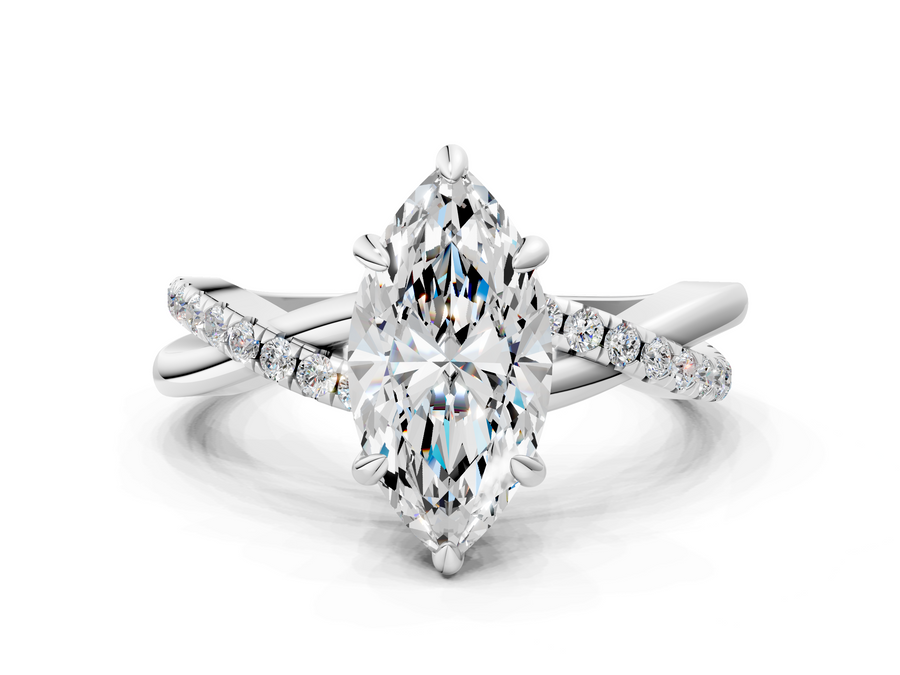 White gold Marquise Cut Diamond Twist Band Solitaire with Prong Setting