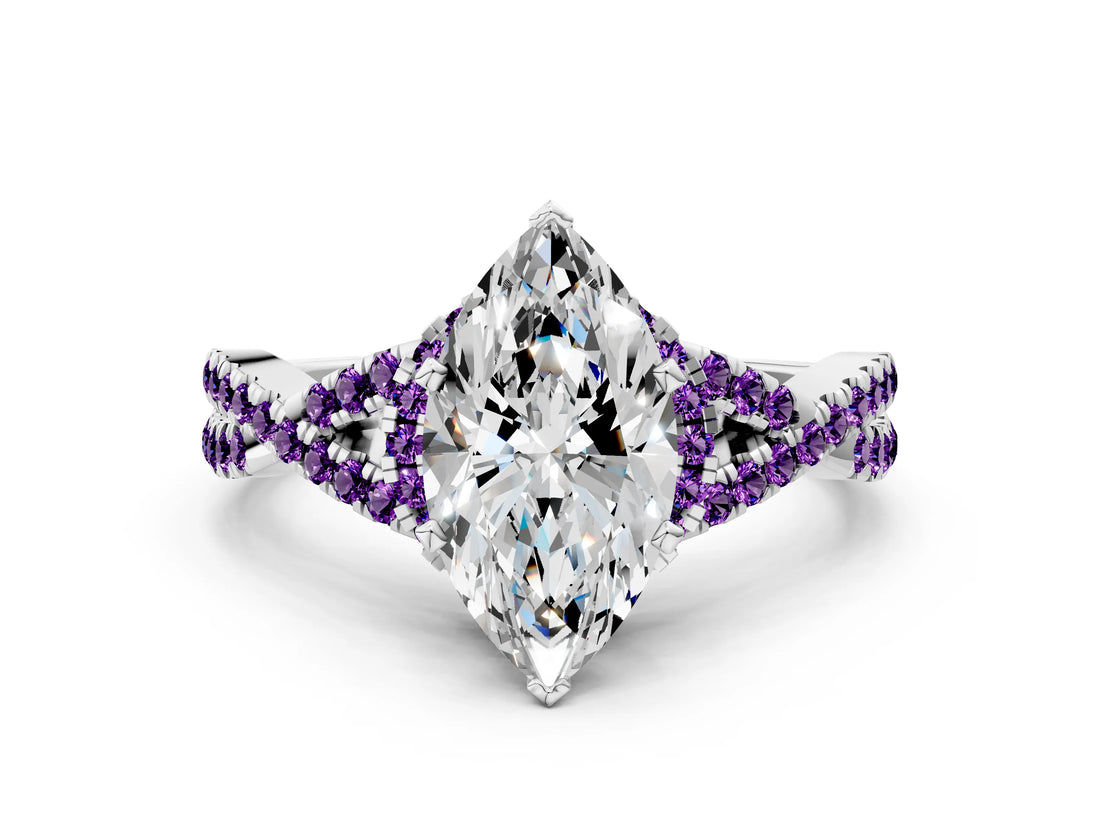 White gold Marquise Cut Diamond with Amethyst side stone Halo Twist Band Solitaire Prong Setting Ring_12