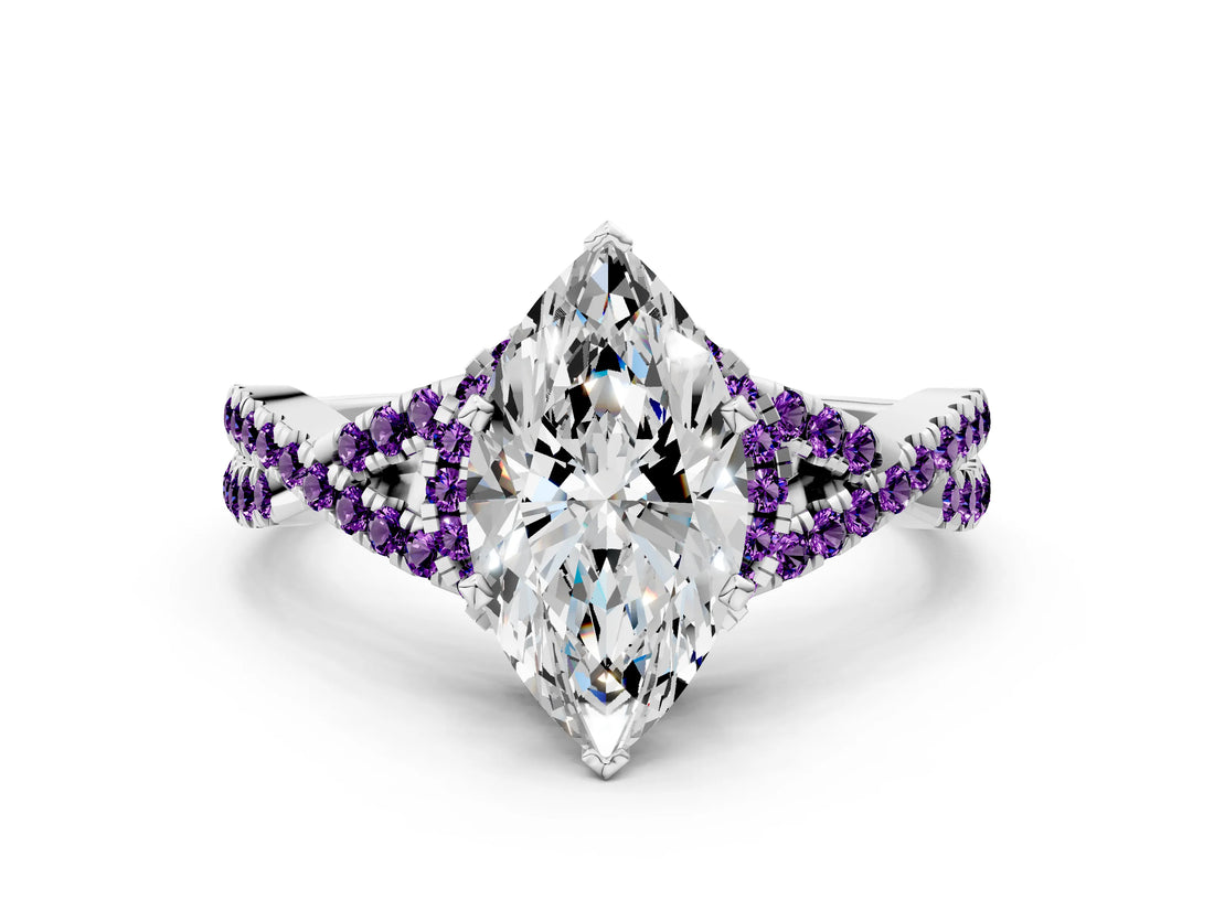 White gold Marquise Cut Diamond with Amethyst side stone Halo Twist Band Solitaire Prong Setting Ring_30