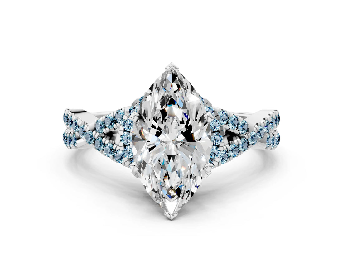 White gold Marquise Cut Diamond with Aquamarine side stone Halo Twist Band Solitaire Prong Setting Ring_12