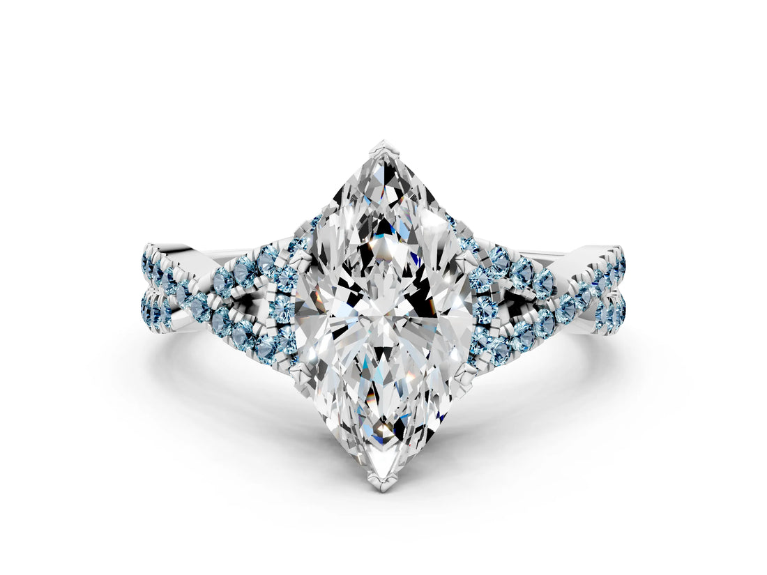 White gold Marquise Cut Diamond with Aquamarine side stone Halo Twist Band Solitaire Prong Setting Ring_42