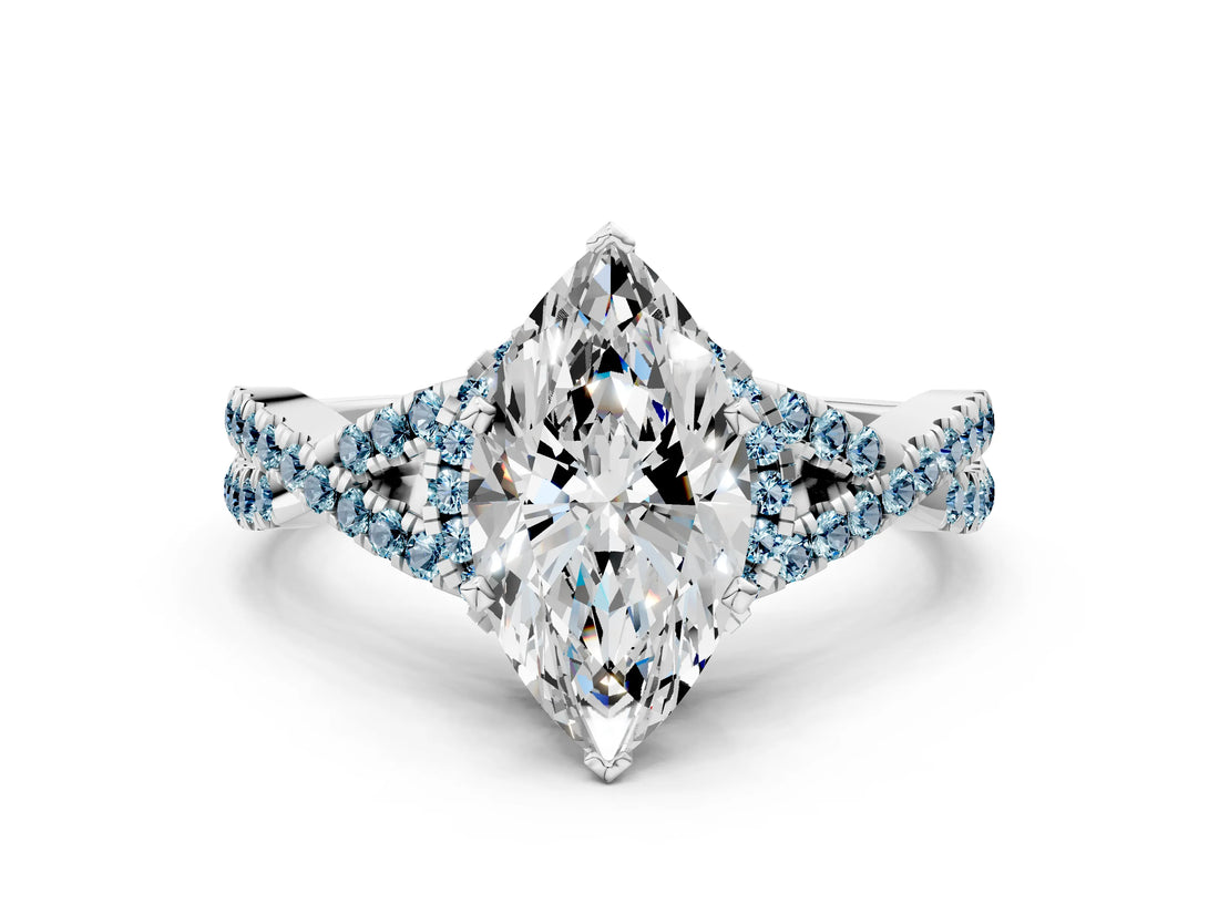 White gold Marquise Cut Diamond with Aquamarine side stone Halo Twist Band Solitaire Prong Setting Ring_48