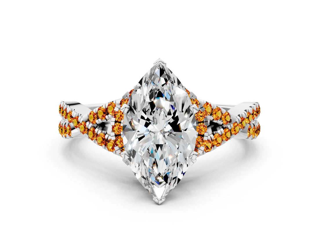 White gold Marquise Cut Diamond with Citrine side stone Halo Twist Band Solitaire Prong Setting Ring_30