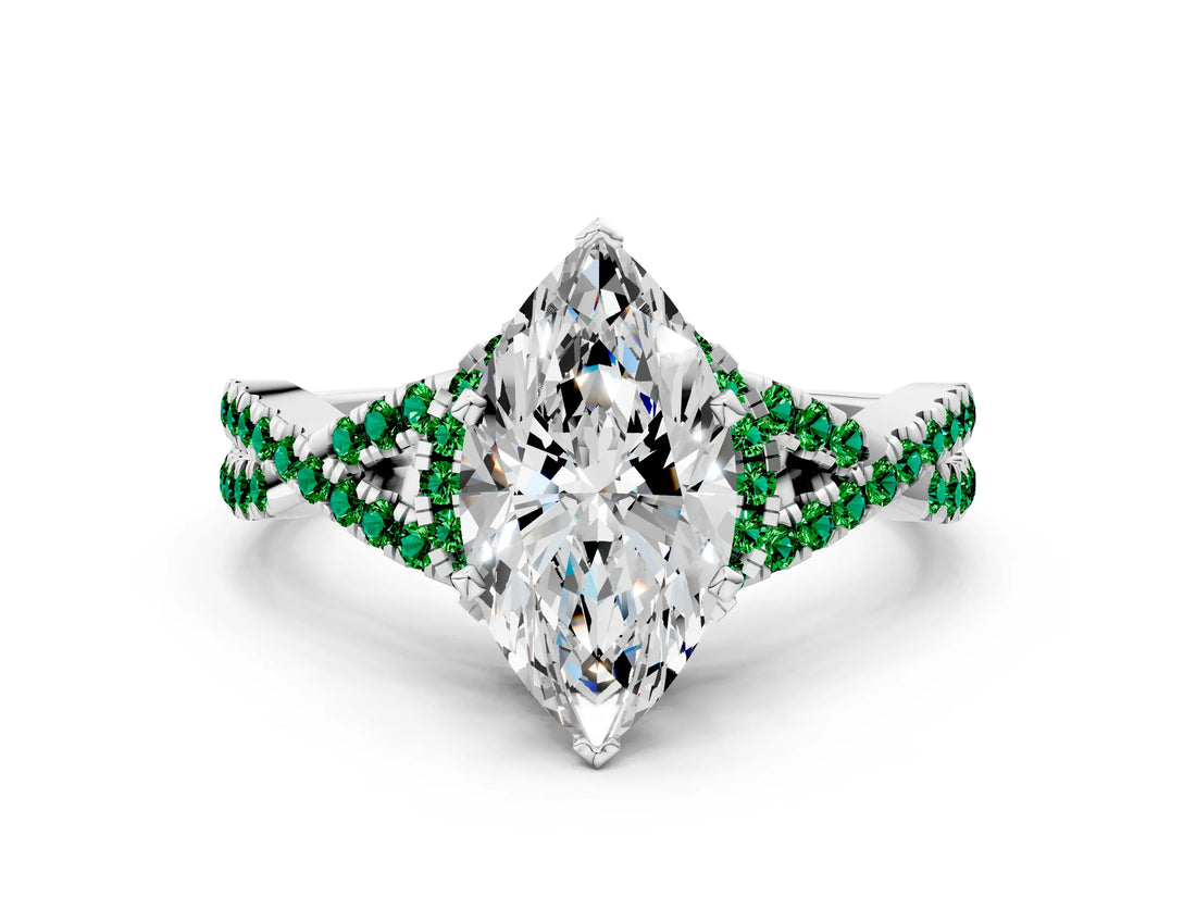 White gold Marquise Cut Diamond with Emerald side stone Halo Twist Band Solitaire Prong Setting Ring_12