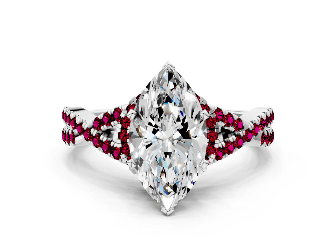 White gold Marquise Cut Diamond with Garnet side stone Halo Twist Band Solitaire Prong Setting Ring_12