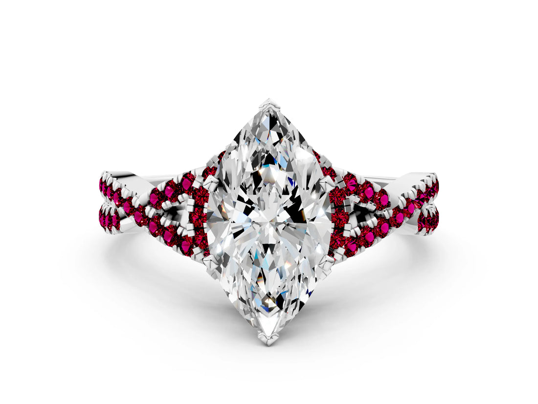 White gold Marquise Cut Diamond with Garnet side stone Halo Twist Band Solitaire Prong Setting Ring_32