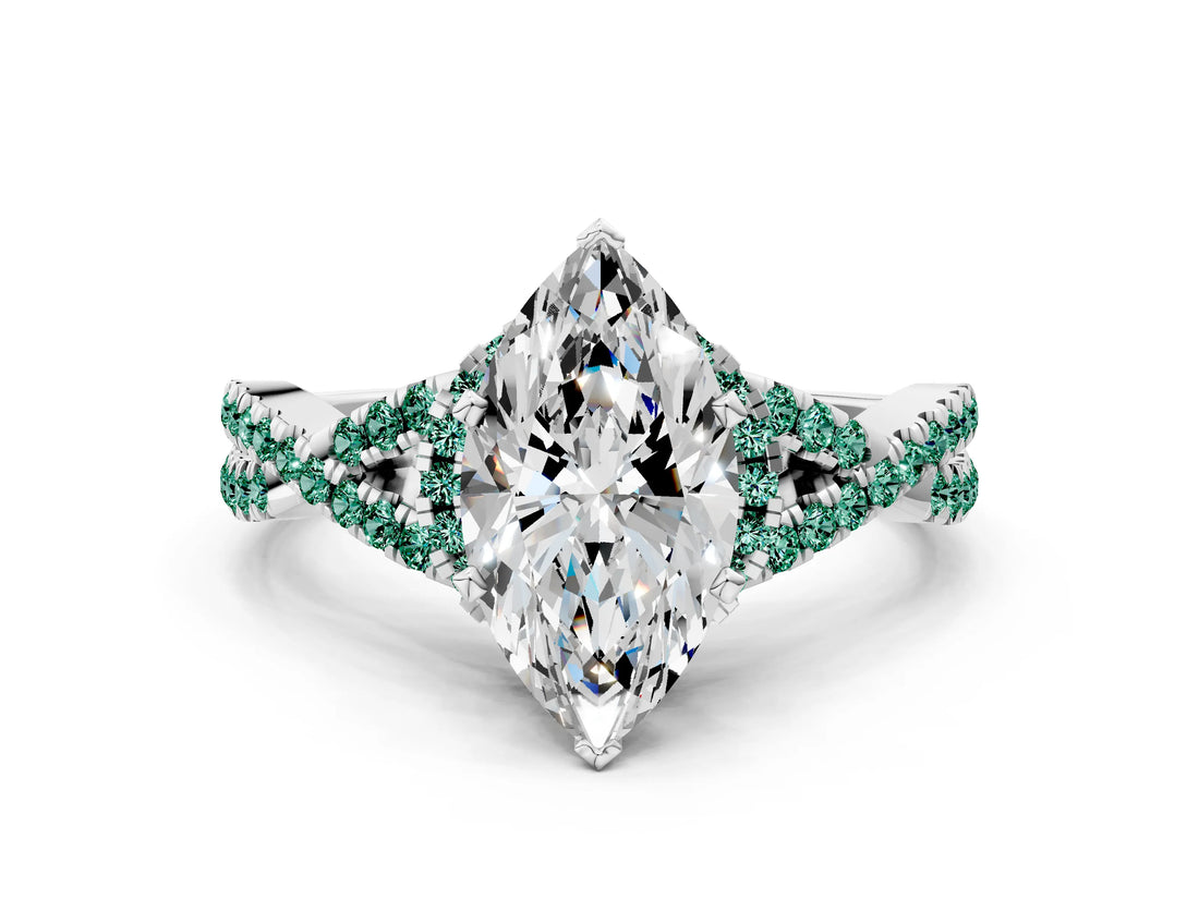 White gold Marquise Cut Diamond with Green Sapphire side stone Halo Twist Band Solitaire Prong Setting Ring_12