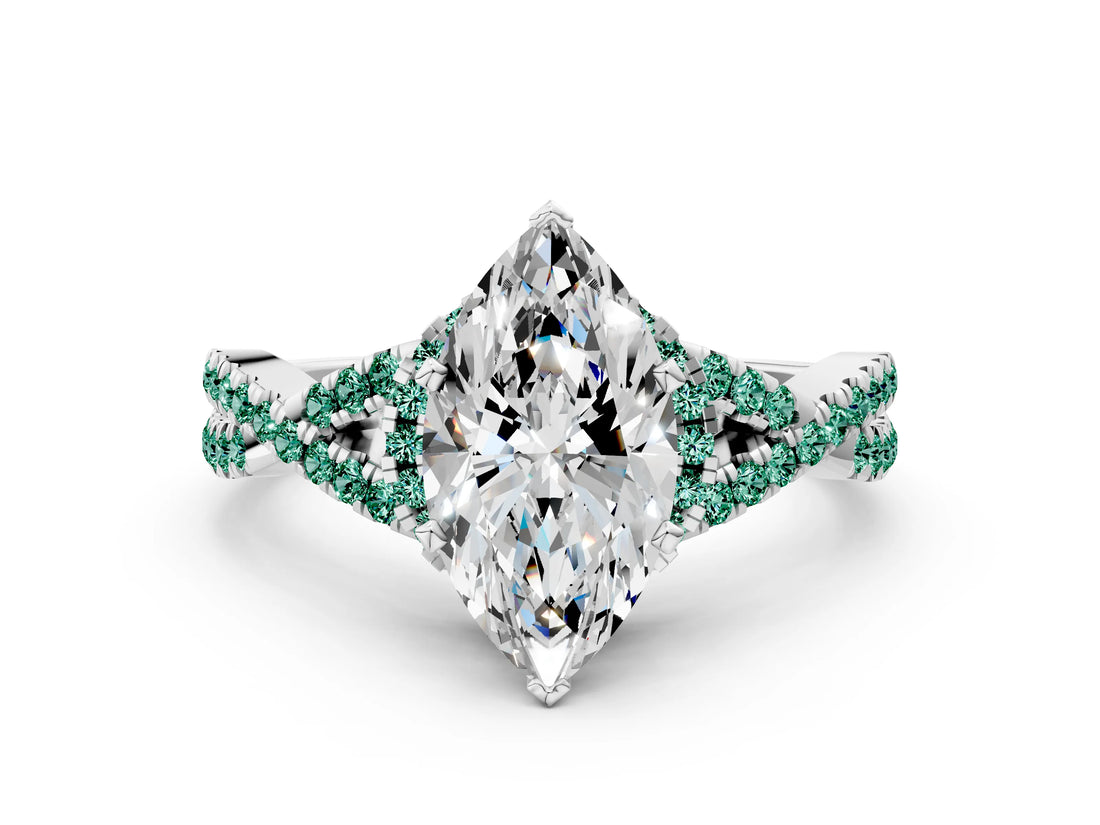 White gold Marquise Cut Diamond with Green Sapphire side stone Halo Twist Band Solitaire Prong Setting Ring_24