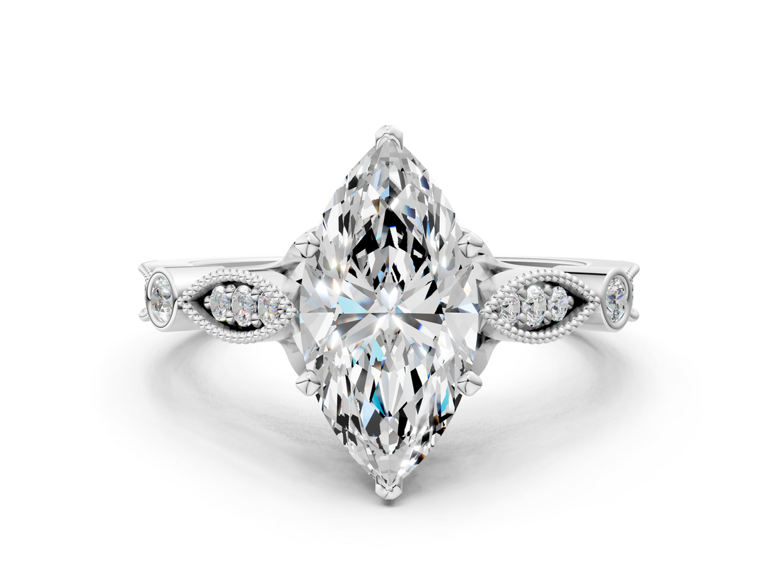 White gold Marquise Cut Diamond with Milgrain Marquise and Bezel Accents on a Solitaire Band with Prong Setting_242