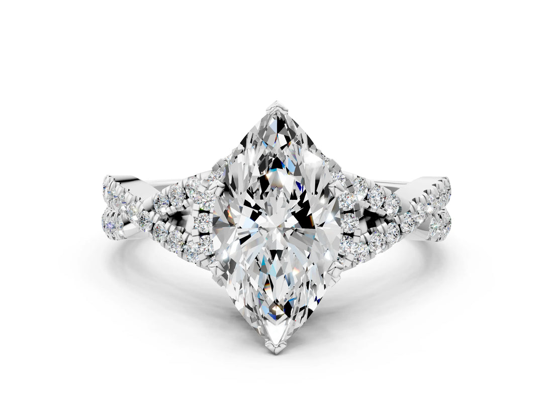 White gold Marquise Cut Diamond with Moissanite side stone Halo Twist Band Solitaire Prong Setting Ring_12