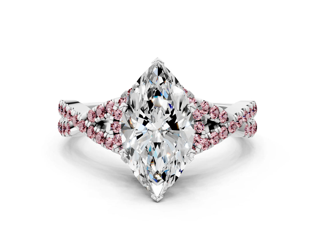 White gold Marquise Cut Diamond with Morganite side stone Halo Twist Band Solitaire Prong Setting Ring_12