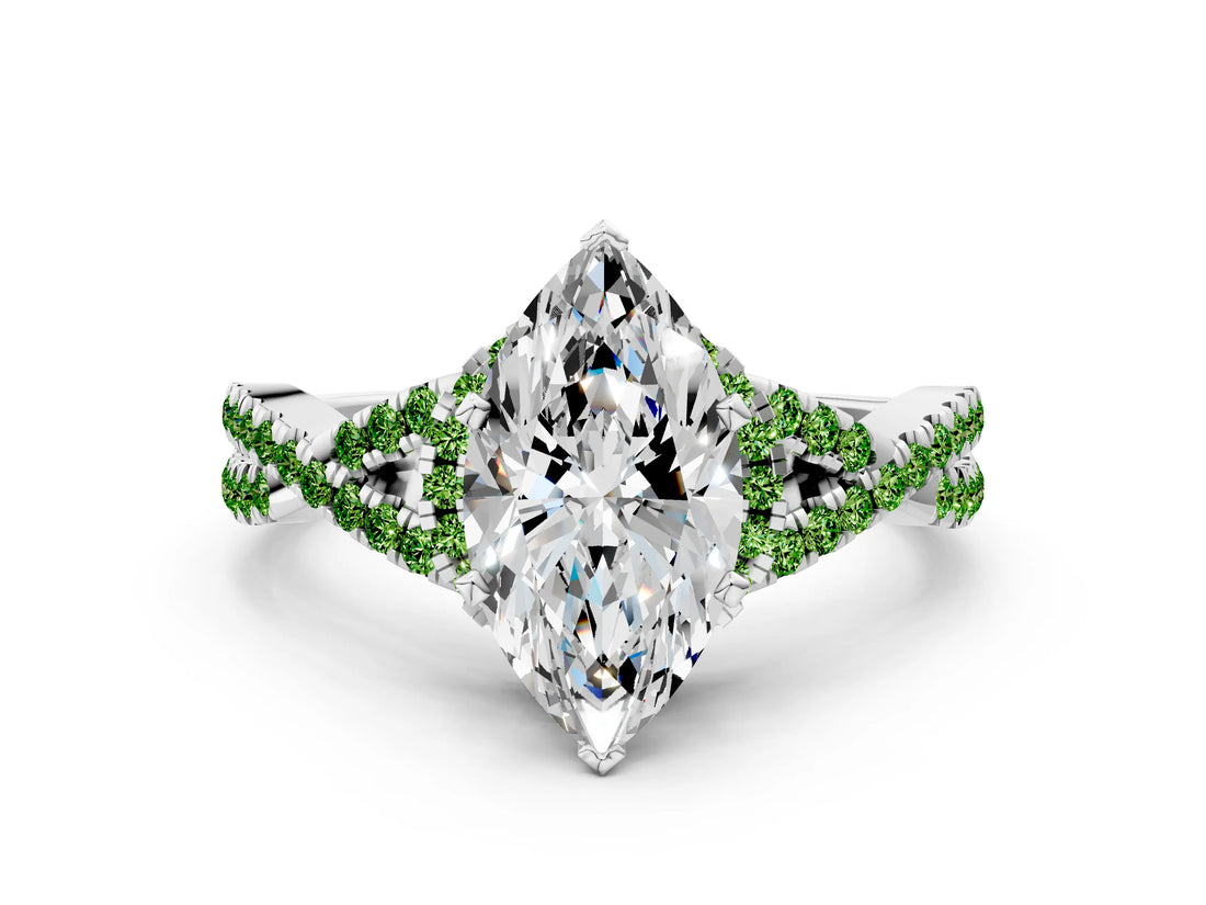 White gold Marquise Cut Diamond with Peridot side stone Halo Twist Band Solitaire Prong Setting Ring_30