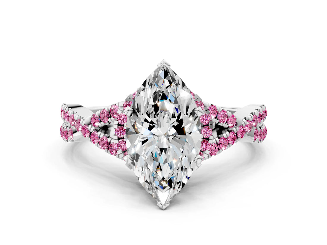 White gold Marquise Cut Diamond with Pink Sapphire side stone Halo Twist Band Solitaire Prong Setting Ring_12