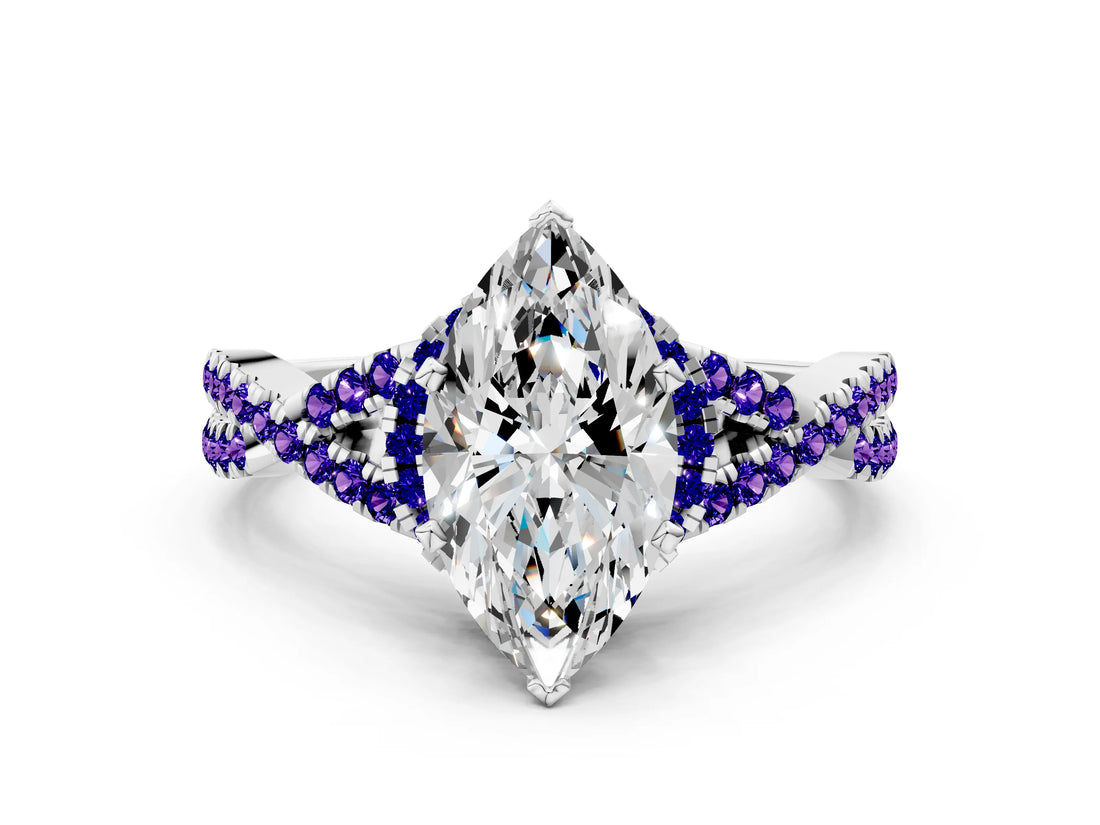 White gold Marquise Cut Diamond with Tanzanite side stone Halo Twist Band Solitaire Prong Setting Ring_12