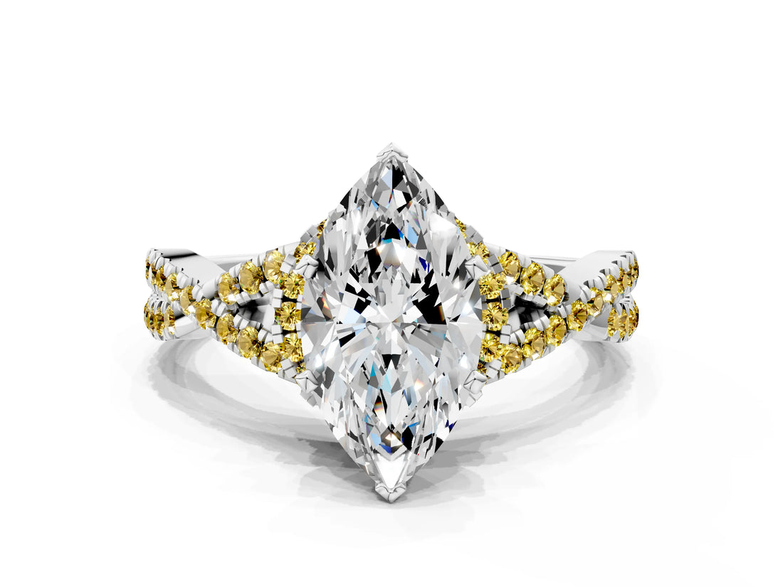 White gold Marquise Cut Diamond with Yellow Sapphire side stone Halo Twist Band Solitaire Prong Setting Ring_30