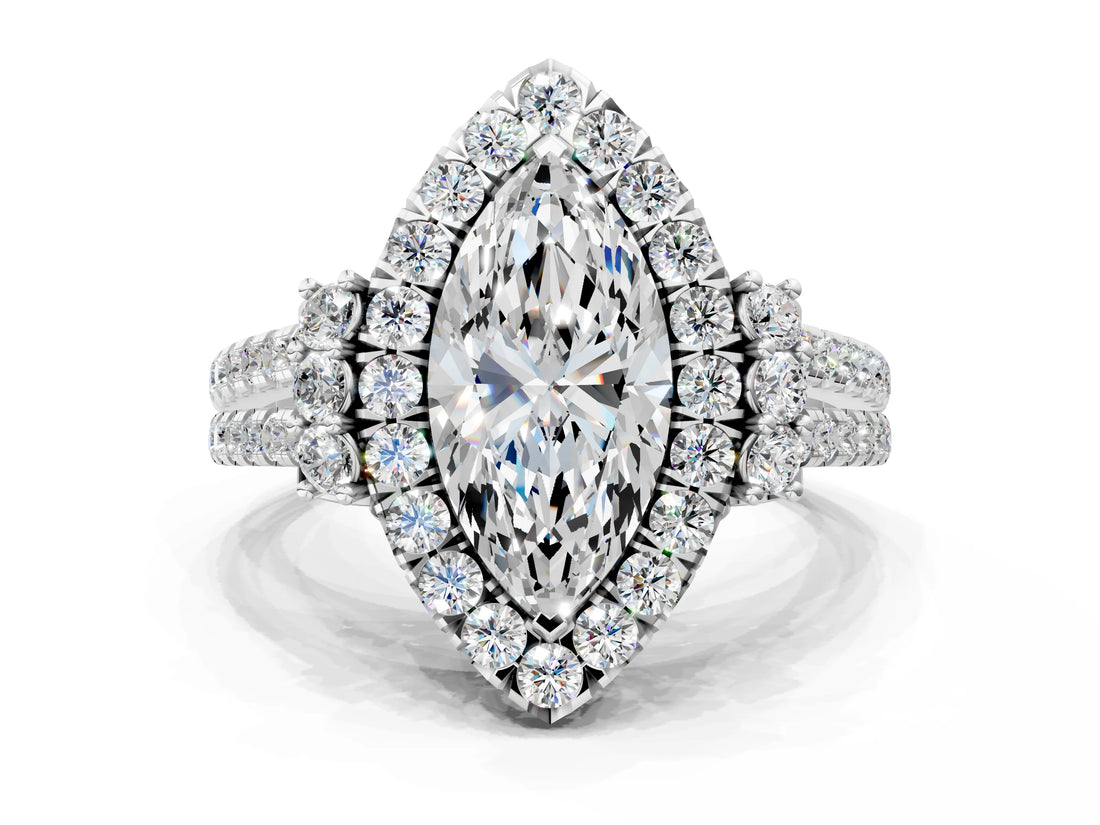 White gold Marquise Cut Double Halo Diamond Engagement Ring with Pave Band and Four-Prong Setting