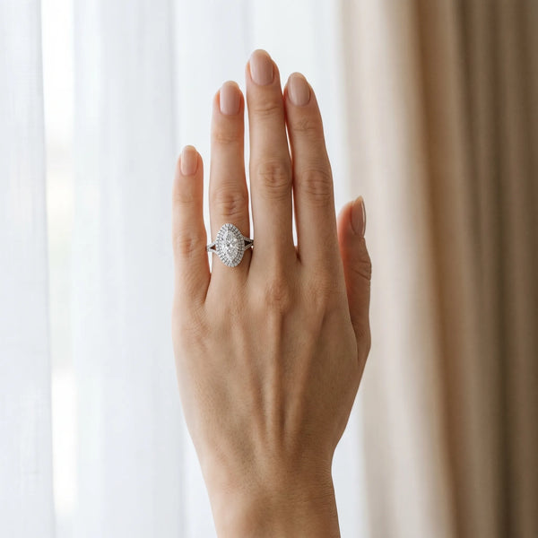 White gold Marquise Cut Double Halo Split Shank Diamond Ring with Prong Setting