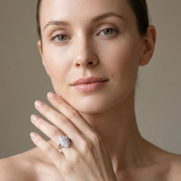 White gold Marquise Cut Double Halo Split Shank Diamond Ring with Prong Setting