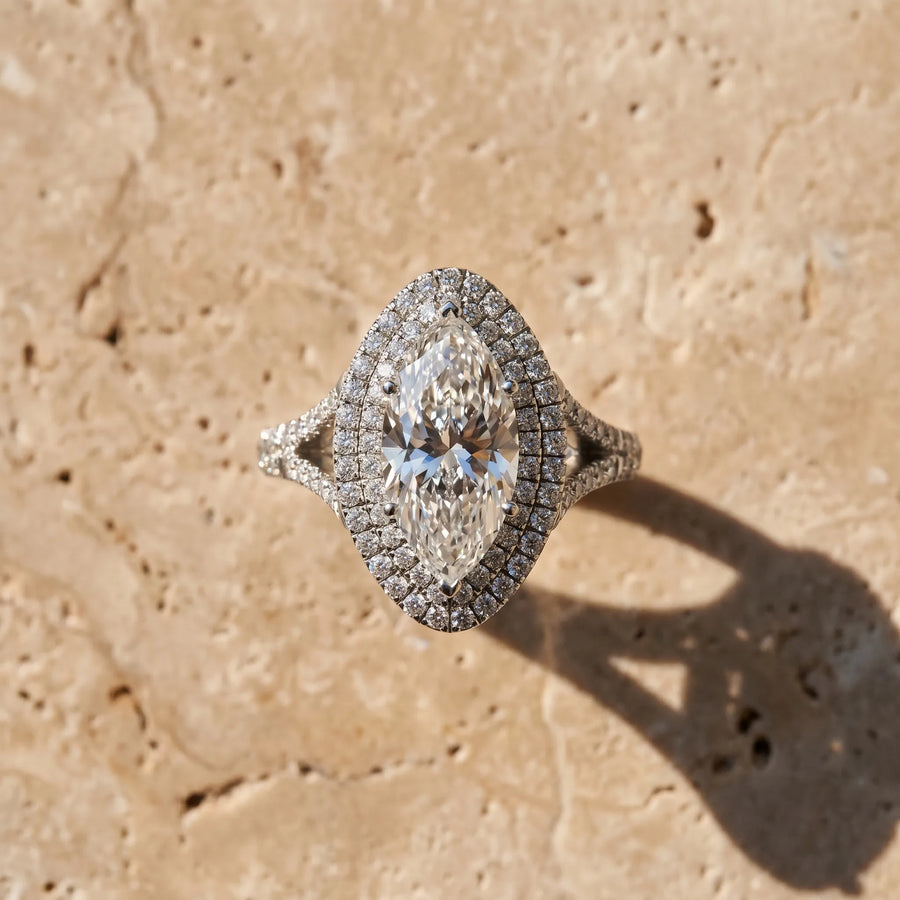 White gold Marquise Cut Double Halo Split Shank Diamond Ring with Prong Setting