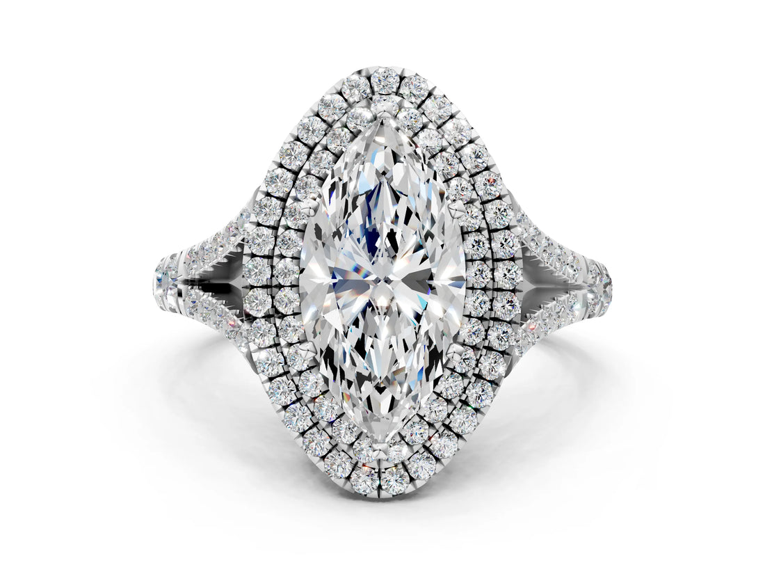 White gold Marquise Cut Double Halo Split Shank Diamond Ring with Prong Setting_66