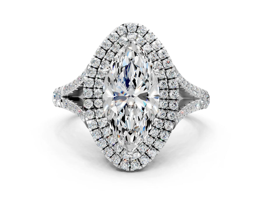 White gold Marquise Cut Double Halo Split Shank Diamond Ring with Prong Setting