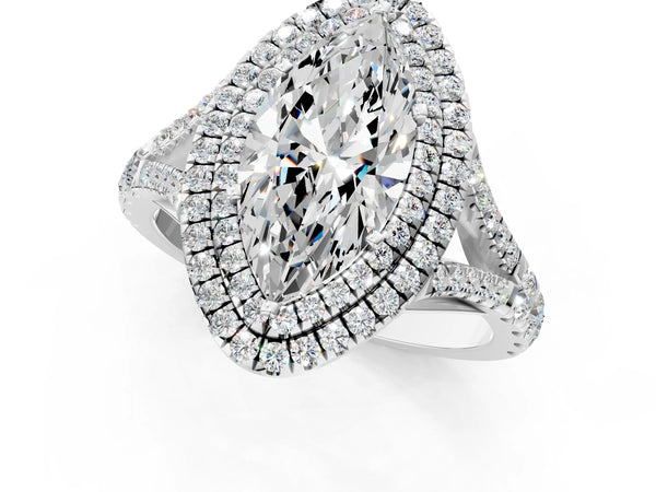 White gold Marquise Cut Double Halo Split Shank Diamond Ring with Prong Setting