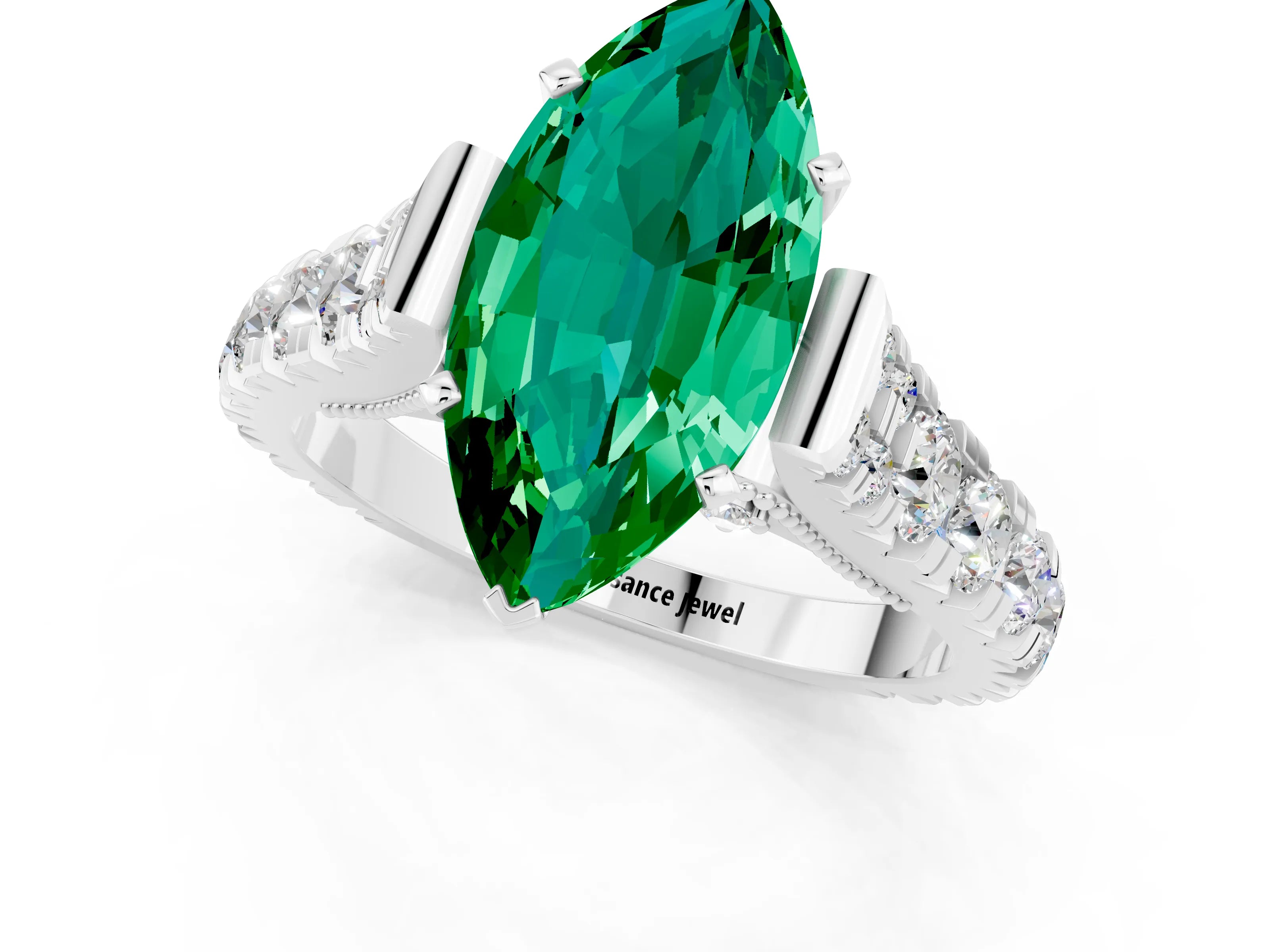 White gold Marquise Cut Emerald Classic Solitaire Ring with Pavé Band and Four-Prong Setting_1