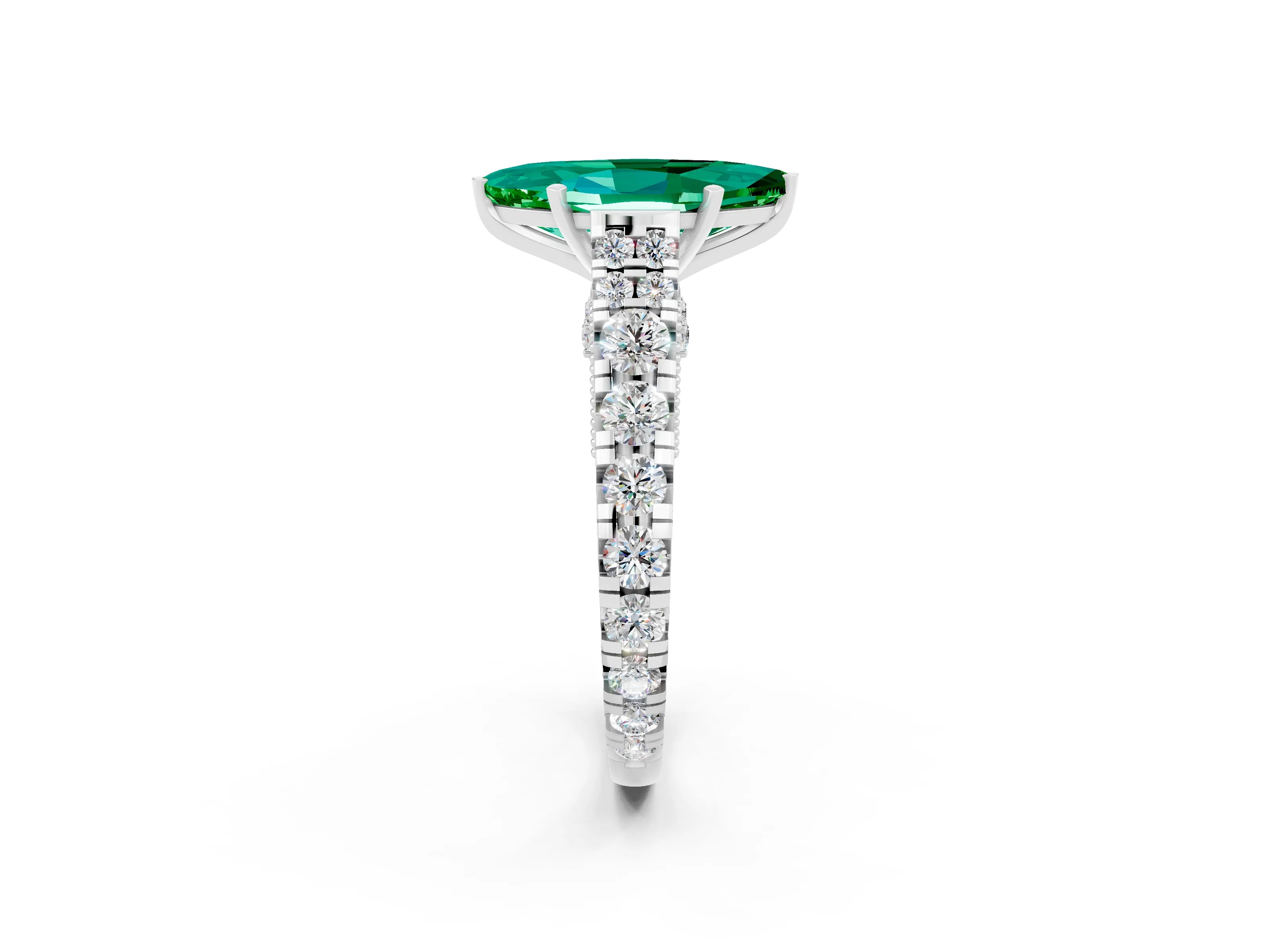 White gold Marquise Cut Emerald Classic Solitaire Ring with Pavé Band and Four-Prong Setting_2