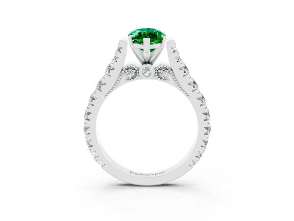 Platinum Marquise Cut Emerald Classic Solitaire Ring with Pavé Band and Four-Prong Setting