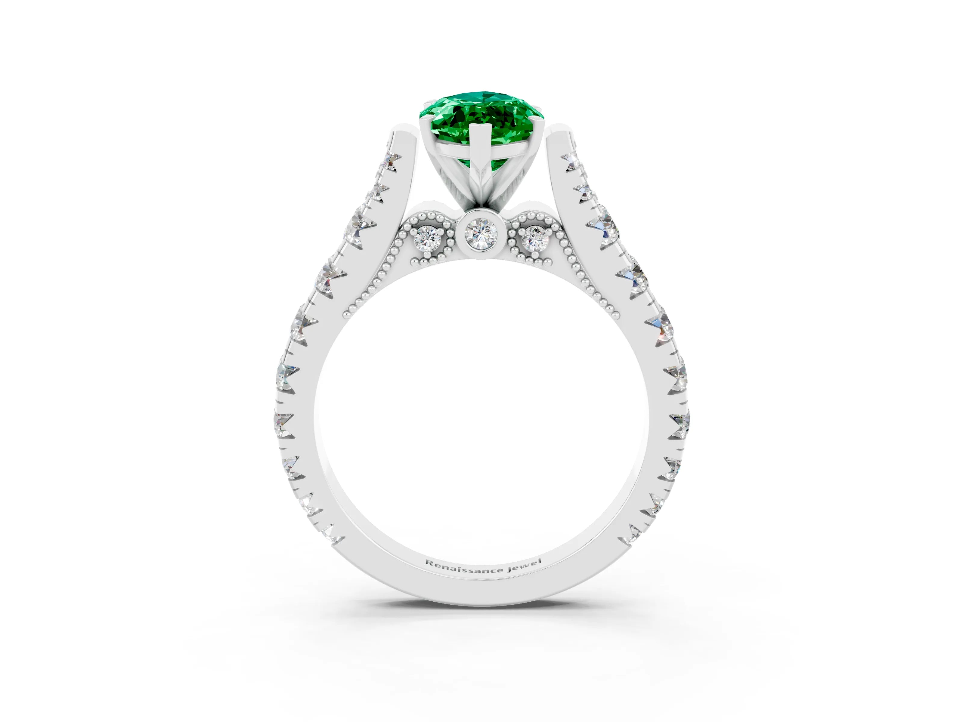 White gold Marquise Cut Emerald Classic Solitaire Ring with Pavé Band and Four-Prong Setting_3