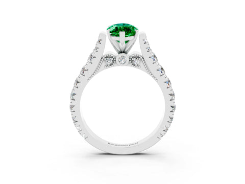 White gold Marquise Cut Emerald Classic Solitaire Ring with Pavé Band and Four-Prong Setting_3