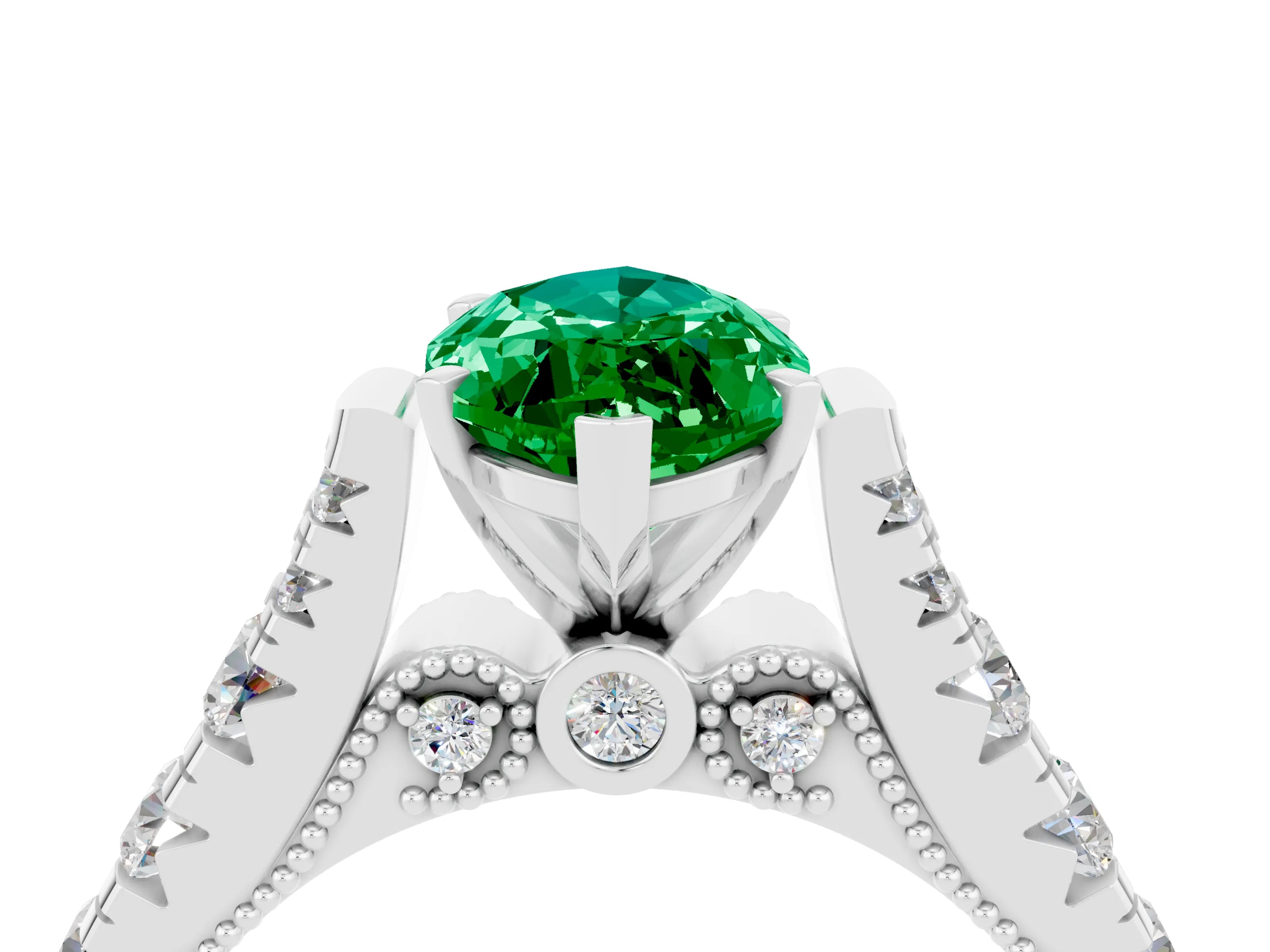 White gold Marquise Cut Emerald Classic Solitaire Ring with Pavé Band and Four-Prong Setting_4